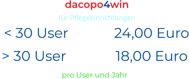dacopo4win für Pflegeeinrichtungen  < 30 User		24,00 Euro > 30 User		18,00 Euro pro User und Jahr