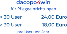 dacopo4win für Pflegeeinrichtungen < 30 User	24,00 Euro > 30 User	18,00 Euro pro User und Jahr